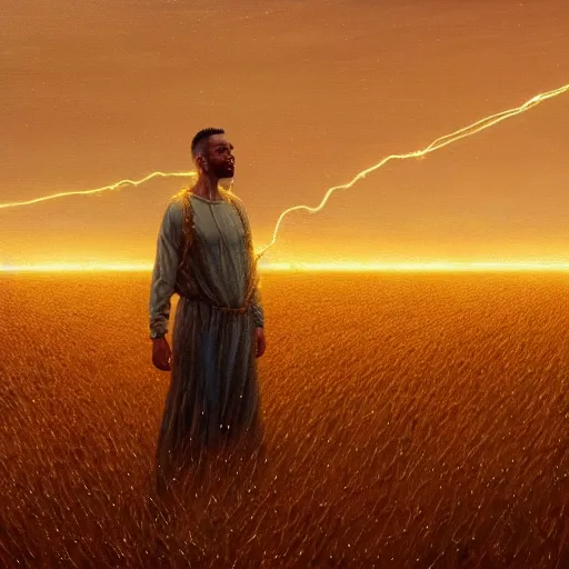 Image similar to oil painting of a glowing god with gold wires levitating in a wheat field, lightning in the sky, at night, stunning, cinematic lighting, concept art by greg rutkowski and wlop, artstation, cinematic, masterpice, insanely detailed, very realistic