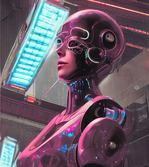 Image similar to robot woman with a hologram for a face, at a cyberpunk market, techwear, dead space, visible face, Industrial Scifi, detailed illustration, character portrait, by Martin Grip and Moebius