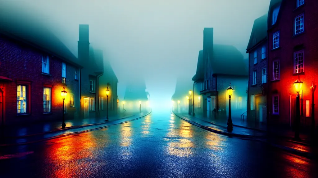 Prompt: the old town with houses in the windows of which the light is on. early morning, fog on ground, wet street. mike barr painting. volumetric light, derk cyan ambient, noir arthouse, 3 5 mm, hight detalied, hd, 4 k