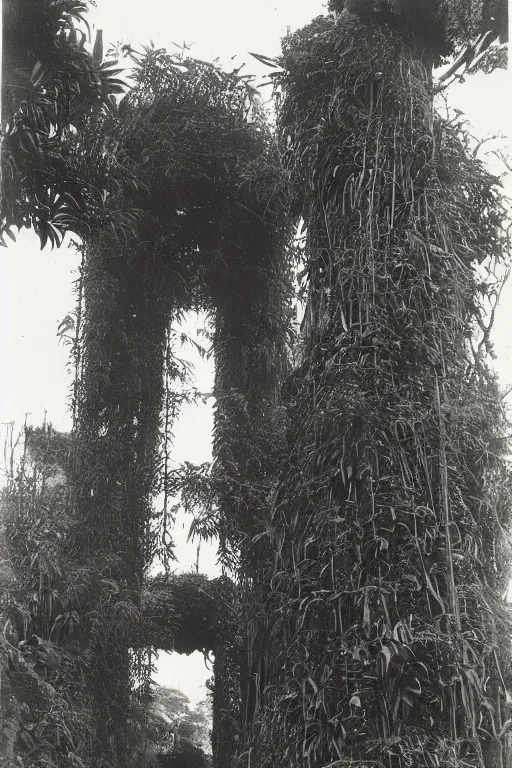 Image similar to long and tall organic buildings, jungle, black and white photography, year 1 9 0 0