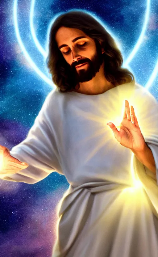 Image similar to Jesus casting a spell of cosmic love and appreciation, with small glowing hearts coming out of his fingers. Digital art trending on artstation. 4k. Tyndall effect.