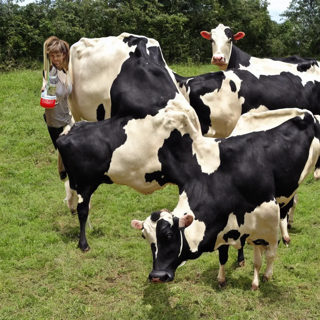 Image similar to a single cow with very large udders, she is spraying milk everywhere