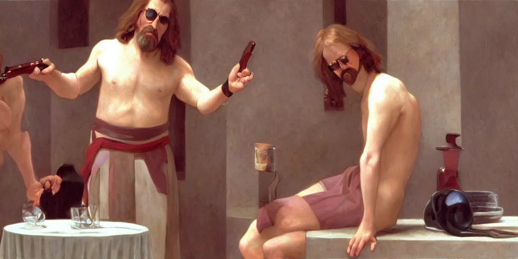 Prompt: a scene still from the big lebowski ( 1 9 9 8 ) painted in the style of william - adolphe bouguereau