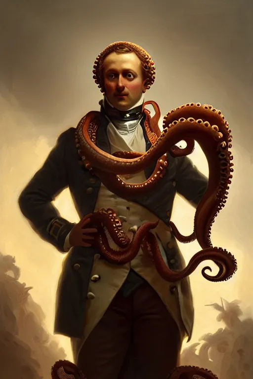 Prompt: portrait of an anthropomorphic octopus as napolean bonaparte, dramatic lighting, highly detailed, digital painting, artstation, concept art, smooth, sharp focus, illustration, art by wlop, mars ravelo and greg rutkowski