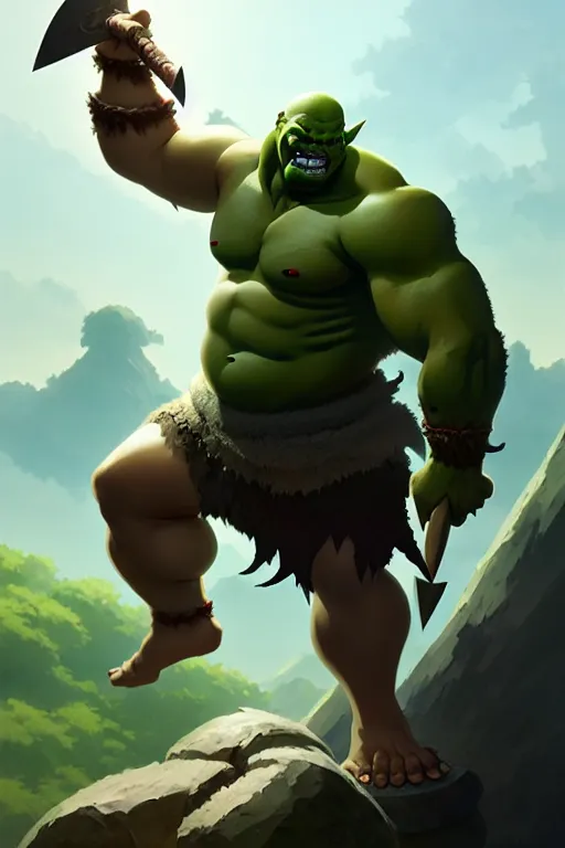 Image similar to orc barbarian male, green skin, exquisite details, big axe, earth magic, mid view, design on a white background, by studio muti, greg rutkowski makoto shinkai takashi takeuchi studio ghibli