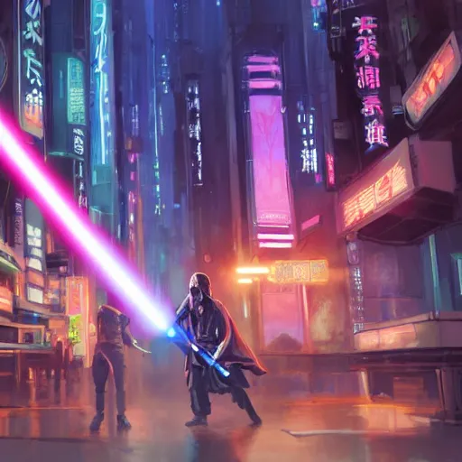 Prompt: Jedi lightsaber Duel future japan at night, Neon Lights, High contrast, concept art, fine details, studio ghibli, cinematic lighting, ghost-in-the-shell, cyberpunk,sci-fi, fantasy, intricate, elegant, highly detailed, digital painting, trending on artstation, concept art, smooth, sharp focus, illustration, by james gurney and greg rutkowski