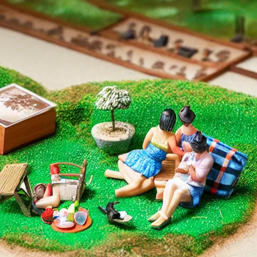 Image similar to a miniature diorama model of a couple having a picnic in a Tokyo park