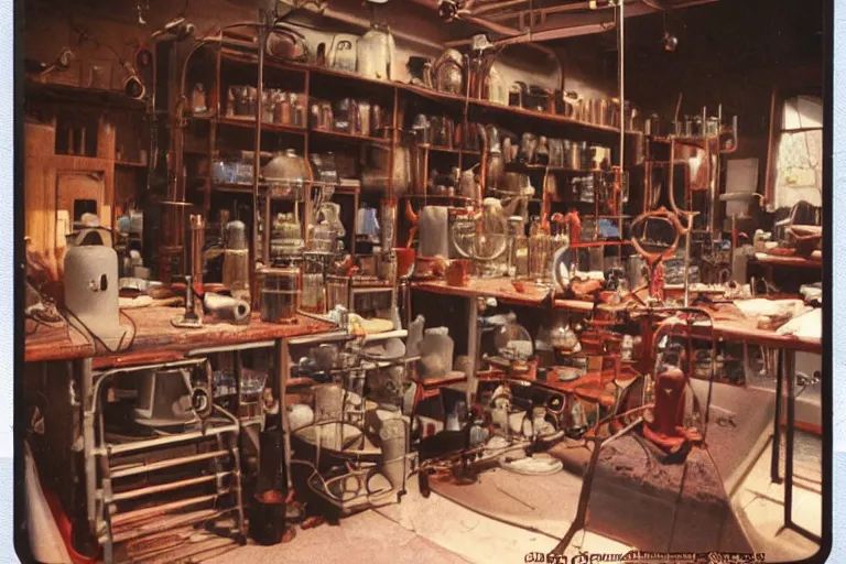 Image similar to vintage 3 5 mm color photo of the interior of an alchemist's lab