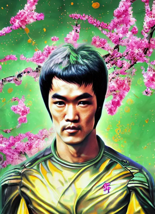 Prompt: portrait of Bruce Lee as a Celestial of a futuristic pearlescent holographic, inside future fighter, sci-fi, fantasy, intricate, lush garden spaceship with sakura season flowers in Kyoto Japan, elegant, human anatomy, royal green and nature light, highly detailed, digital painting, artstation, concept art, smooth, sharp focus, illustration, art by tian zi and WLOP and alphonse mucha, masterpiece, 3d blender