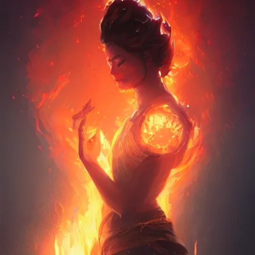 Image similar to a beautiful portrait of a fire goddess with closed eyes by greg rutkowski and raymond swanland, trending on artstation, flaming background, ultra realistic digital art