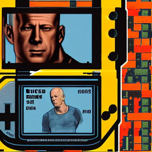 Prompt: coverart for a Gameboy videogame that just loads a picture of Bruce Willis, no other gameplay features