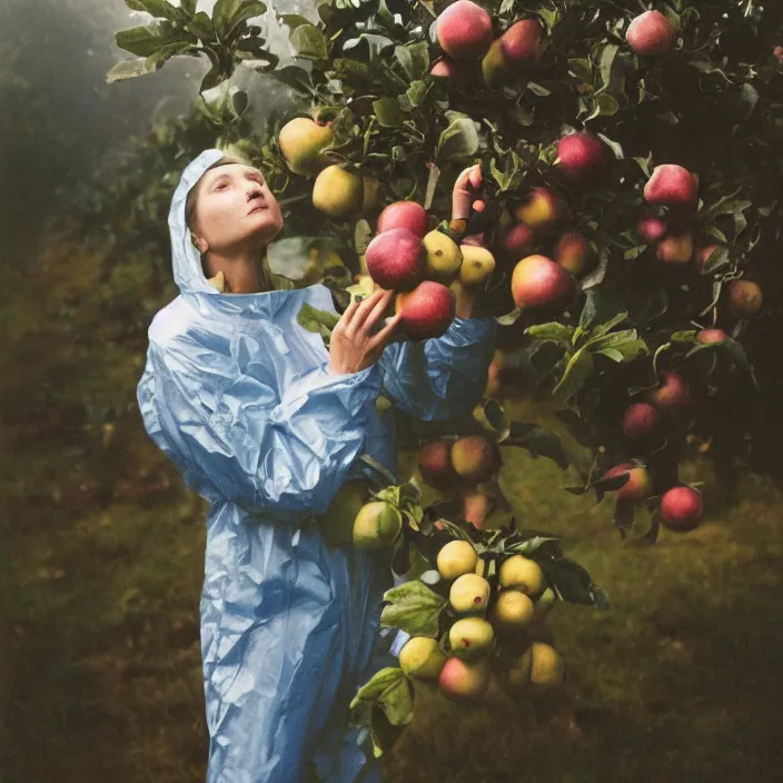 Image similar to a closeup portrait of a woman wearing an iridescent spacesuit, picking apples from a tree, foggy, moody, photograph, by vincent desiderio, canon eos c 3 0 0, ƒ 1. 8, 3 5 mm, 8 k, medium - format print