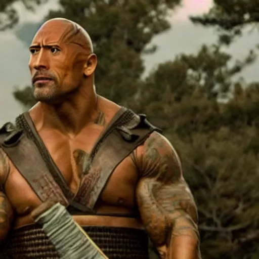 Image similar to a film still of Dwayne Johnson as samurai holding katana