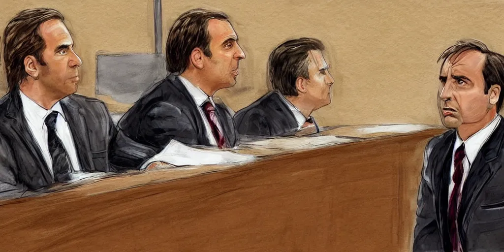 Prompt: saul goodman defending michael scott in acourt, courtroom painting