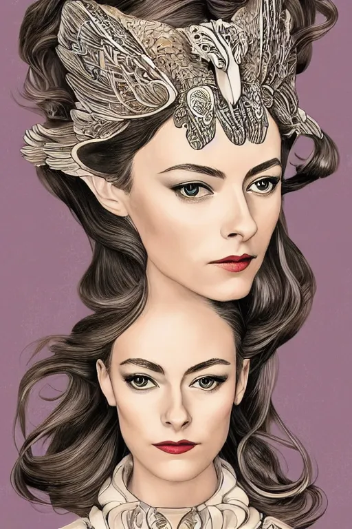 Prompt: Art Nouveau Queen of owls, a beautiful young Austrian woman who looks like a mix of Audrey Hepburn and Olivia Wilde, perfect skin, perfect face, gorgeous, symmetrical face, symmetrical body, artgerm, flowing hair, realistic, photorealistic, editorial photograph, portrait, detailed, intricate, focused, muted colors, artstation, border and embellishments inspiried by alphonse mucha, fractals in the background, galaxy