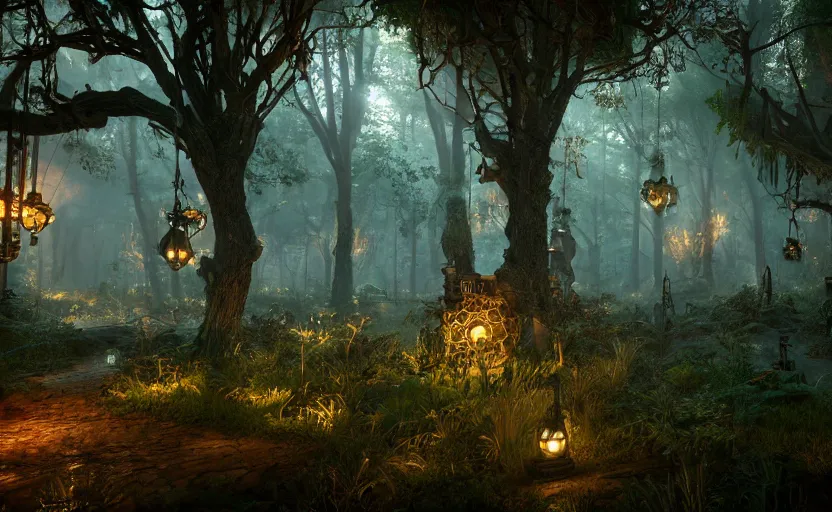 Image similar to steampunk fantasy forest. daylight. stars. unreal engine. 8K. detailed. photorealism. artstation. digital render. ultra realistic