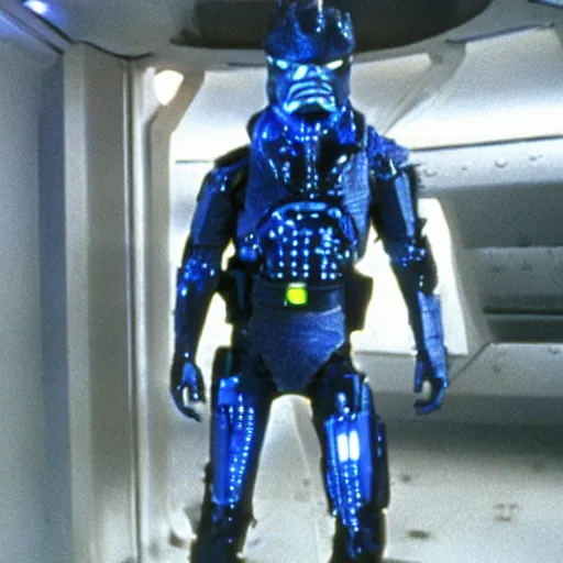 Prompt: movie still, 1 9 8 0 s, harrison ford as armored alien hunter, hyperdetailed, blue leds