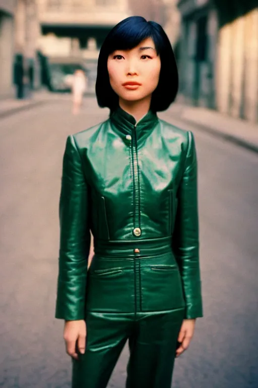 Prompt: ektachrome, 3 5 mm, highly detailed : incredibly realistic, youthful asian demure, perfect features, cute haircut, beautiful three point perspective extreme closeup 3 / 4 portrait photo in style of chiaroscuro style 1 9 9 0 s frontiers in flight suit cosplay paris street photography vogue fashion edition