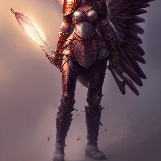 Prompt: a epic illustration of a tall female warrior with massive plate armour by Stanley Artgerm Lau, Diego Gisbert Llorens, Mark Brooks, Charlie Bowater, no helmet, big white glowing wings, long red hair, very detailed face, insanely detailed and intricate, vivid and vibrant, highly detailed, cinematic lighting, concept art, artstation
