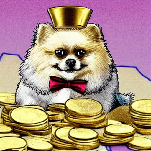 Prompt: A Pomeranian wearing a top-hat and monocle while sitting on a pile of gold coins