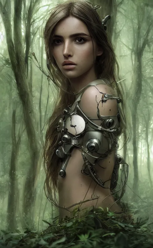 Image similar to a cyborg forest nymph in an ancient forest, ana de armas, flawless symmetrical pretty cute face, greg rutkowski, 8 k, shallow depth of field, intricate detail, concept art,