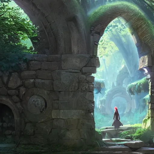 Image similar to concept art painting of an ancient ornate stone archway, with a magical portal inside to another dimension, in the woods, realistic, detailed, cel shaded, in the style of makoto shinkai and greg rutkowski and james gurney