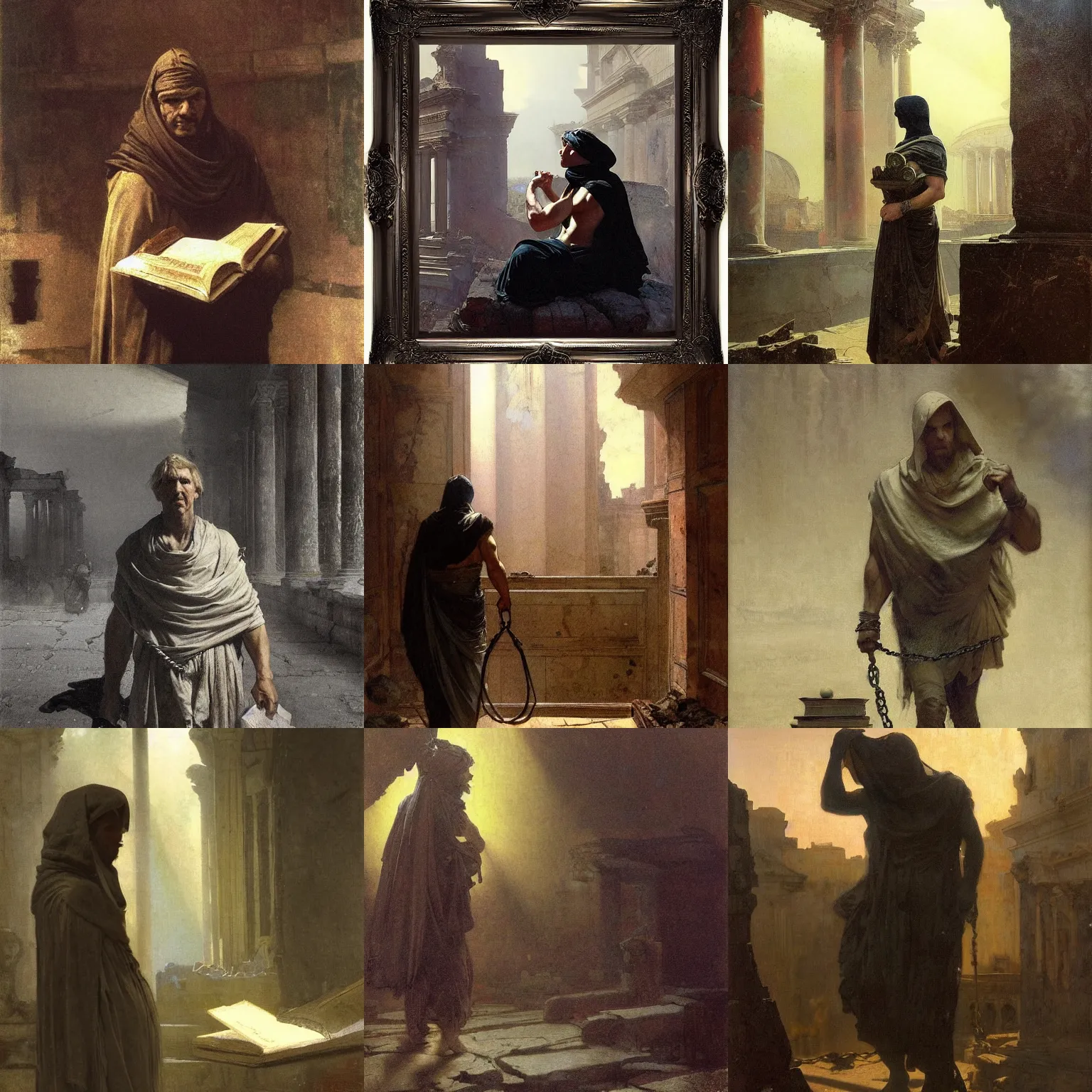 Prompt: portait of magican wearing a closed cerimonial cowl, big old book!! chained to the wrist, by jeremy mann, by jean - leon gerome, by tiepolo, alphonse mucha, face in the shadows, ( ( ruins of ancient rome ) ), at dusk, mysterious atmosphere, sunrays, high detailed, 8 k