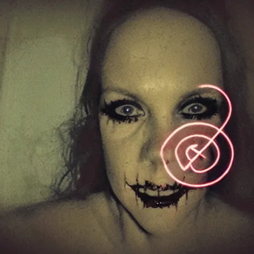 Image similar to A selfie of a woman in a dark room, with a spooky filter applied, with a figure in the background, in a Halloween style.