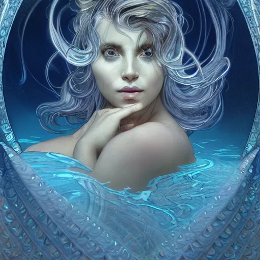 Image similar to an underwater photographic portrait of a dreaming anthropomorphic bioluminescent water wave, fantasy, intricate, elegant, highly detailed, digital painting, artstation, concept art, smooth, sharp focus, illustration, art by artgerm and h r giger and alphonse mucha