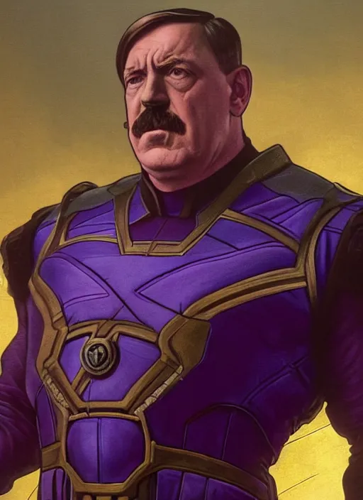 Image similar to a still of Hitler as Thanos in Avengers Endgame, purple Hitler face realistic, infinity gauntlet snap, sigma male, accurately portrayed, portrait art by alphonse mucha and greg rutkowski, highly detailed, digital painting, concept art, illustration, dim lighting with twilight rays of sunlight, trending on artstation, very detailed, smooth, sharp focus, octane render, close up