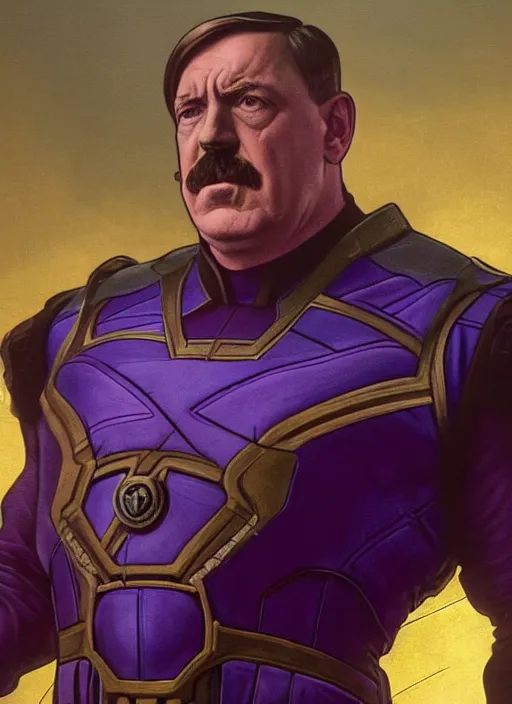 Prompt: a still of Hitler as Thanos in Avengers Endgame, purple Hitler face realistic, infinity gauntlet snap, sigma male, accurately portrayed, portrait art by alphonse mucha and greg rutkowski, highly detailed, digital painting, concept art, illustration, dim lighting with twilight rays of sunlight, trending on artstation, very detailed, smooth, sharp focus, octane render, close up