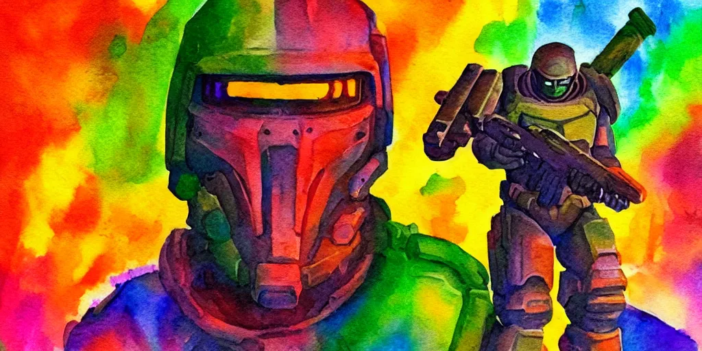 Prompt: doomguy watercolor art bright vibrant colors