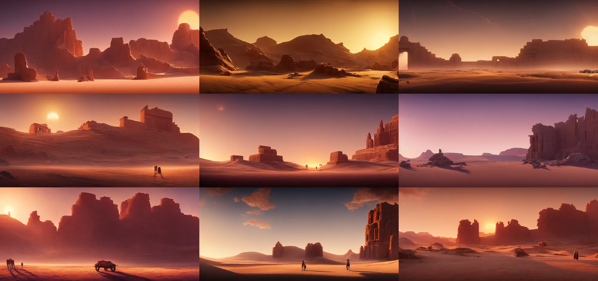 Prompt: beautiful render of a desert landscape, unreal engine, stunning sunset, majestic dunes, mountains, thin clouds, big temple ruins, soft light, by greg rutkowski, cgsociety