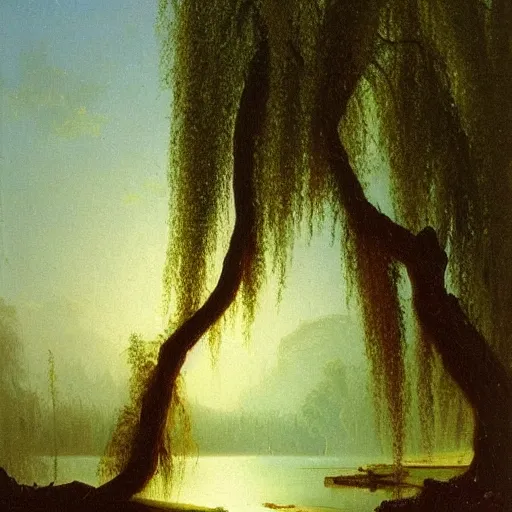 Image similar to oil painting of a willow tree next to a river by albert bierstadt, beautiful lighting - h 7 0 4