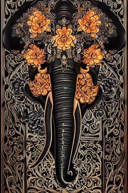 Image similar to Painted dark-wood panel relief carving of a close up of a Flowerpunk Matriarch Elephant, ornate border frame, explosion of colorful flowers, dark wood, intricately carved, black ink, festival of rich colors, intricate details, cinematic lighting, volumetric lighting, post-processing, art nouveau, tarot, fractal art, mandala, by andreas rocha and john howe, and Martin Johnson Heade, featured on artstation, featured on behance, golden ratio, hyper detailed, photorealistic, epic composition, center spotlight, f32, well composed, symmetrical, UE5, 8k