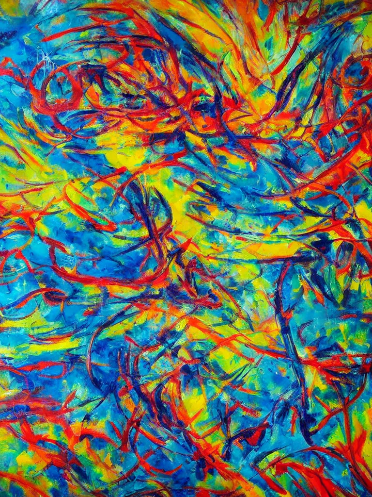 Prompt: abstract oil on canvas vibrant colors painting, wild strokes, detailed, realistic, pollock