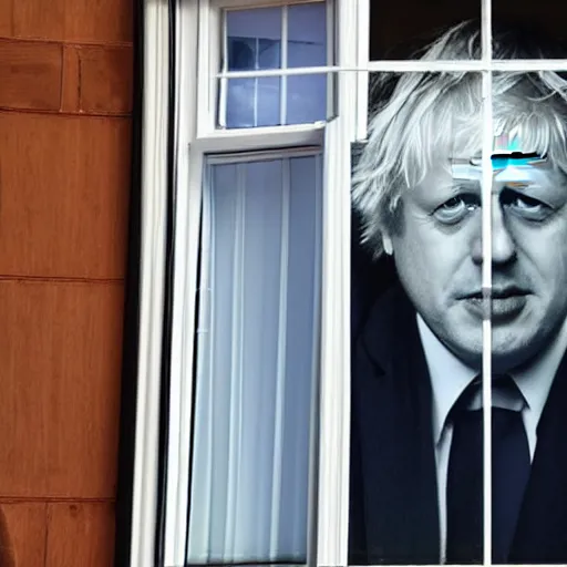 Image similar to window blinds in a house being pulled back to reveal a terrifying boris johnson staring at you through the window with his hand on the window, horror, black and white