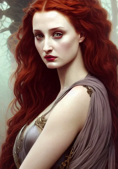 Image similar to sansa angeline jolie gessica chastain queen of death, intricate, elegant, highly detailed, digital painting, artstation, concept art, smooth, sharp focus, illustration, art by artgerm and greg rutkowski and alphonse mucha and william - adolphe bouguereau