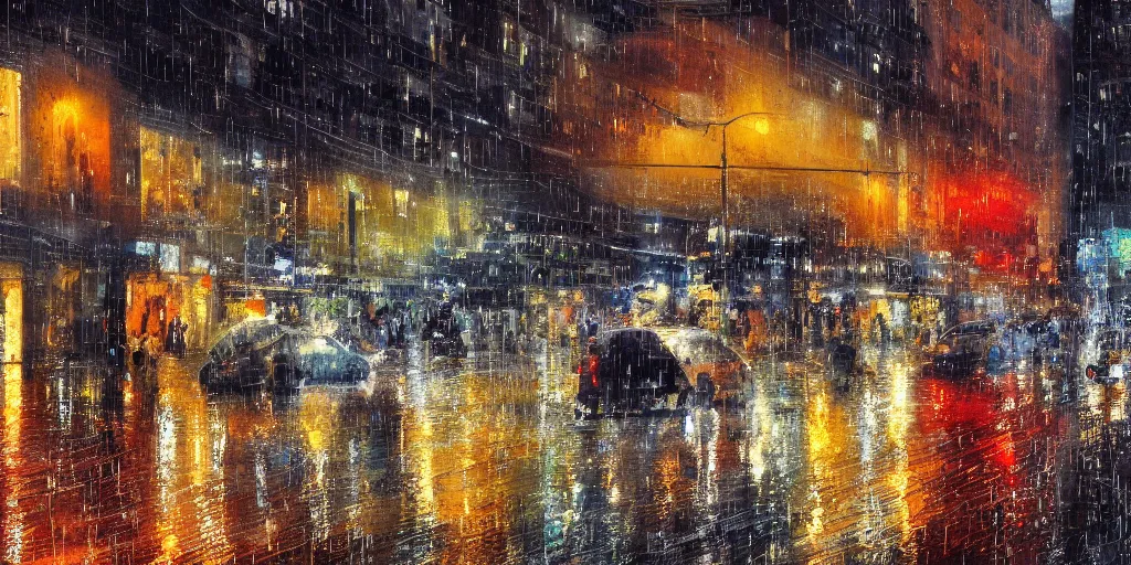 Prompt: raining night, streets, cars, building, cold, lights, rain, by mark lague, 4 k, wallpaper,