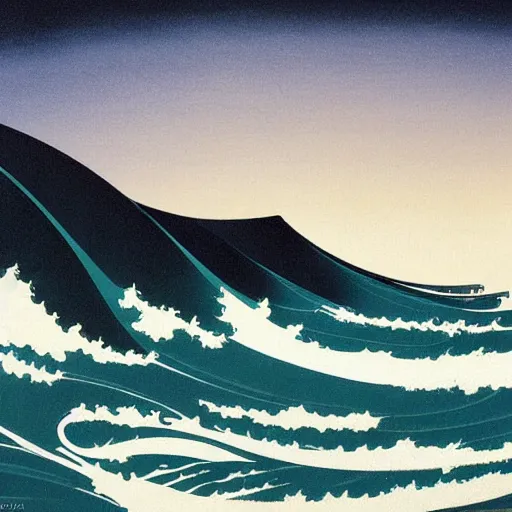 Image similar to waves crashing on the shore, by eyvind earle