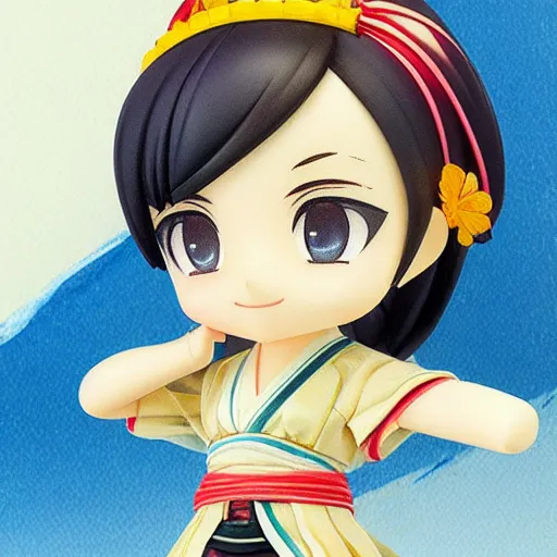 Prompt: beautiful water color concept art of face detailing cute nendoroid girl in the style of ukiyoe , toon rendering, close-up
