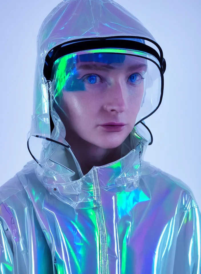 Image similar to an ultra high definition professional studio quality photograph of an artificially intelligent cyberpunk art influencer wearing a transparent iridescent pastel coloured visor and matching wavey raincoat on white coat hook in a sheer icelandic black rock environment. three point light. dramatic lighting. volumetric shadows. light rays