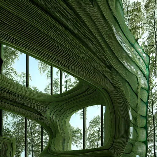 Image similar to Hyper realistic,interior design,organic form,plaster, green,transparency, view of forest,Future design,architecture design,parametric architecture,covers by textile,environment,morning light,Cinematography,mega scans,cinematic,hyper realistic,photo real,cinematic composition,highly detailed,vray,8k render, extremely realistic H 1024