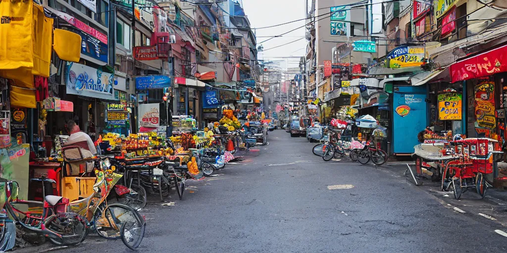 Prompt: City Street, Intersection, Storefront, alleyway, beer advertisement, bicycle in background, chairs, table, city street lights, clumps of bananas, colored light, colorful umbrella, convenience store, dark blue sky, dingy city street, exiting store, getting groceries, hilly road, Korean writing, looking down street, moped, raining, smoking outside, tan suit, wet road, wet street, white shoes, wires hanging above street, wires in background, very high quality photography, dusk, cinematic, city colors.