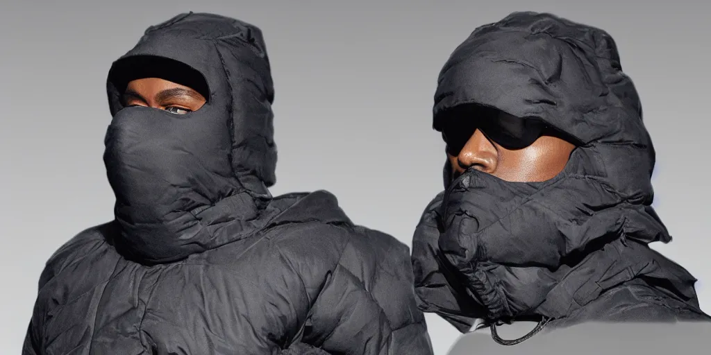 Prompt: kanye west using a full face covering black mask, a small, tight, undersized reflective bright blue round puffer jacket made of nylon, reflective jeans pants made of nylon and big black balenciaga rubber boots in 3 d, blender, octane render, 3 d render, realistic, unreal engine, trending on sketchfab, studio light, 4 k, 8 k
