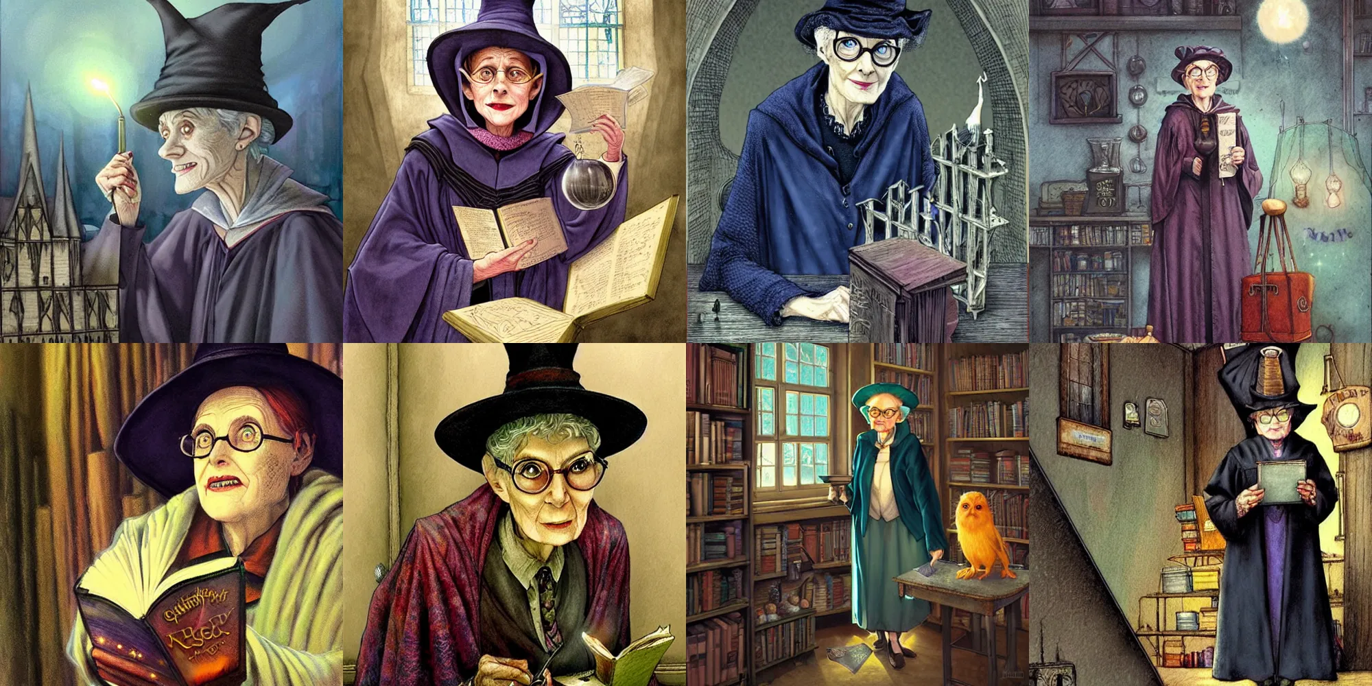 Prompt: Granny Weatherwax as a rigorous professor in Hogwarts School of Witchcraft and Wizardry, detailed, hyperrealistic, colorful, cinematic lighting, digital art by Paul Kidby’