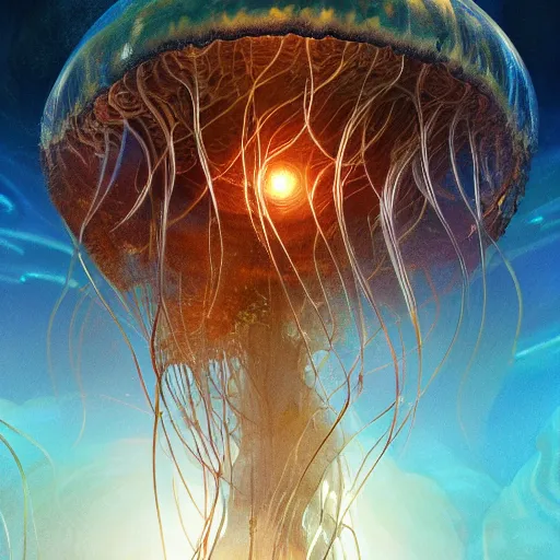 Image similar to photorealistic beautiful ethereal jellyfish planet in the style of michael whelan and greg rutkowski. hyperdetailed photorealism, 1 0 8 megapixels, amazing depth, glowing rich colors, powerful imagery, psychedelic overtones, 3 d finalrender, 3 d shading, cinematic lighting, artstation concept art