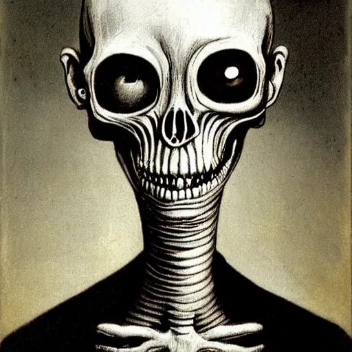 Prompt: humanoid with crooked teeth, two black eyes, long open black mouth, alien looking, big forehead, horrifying, killer, creepy, dead, slightly realistic, long neck, boney, monster, tall, skinny, skullish, deathly, in the style of alfred kubin