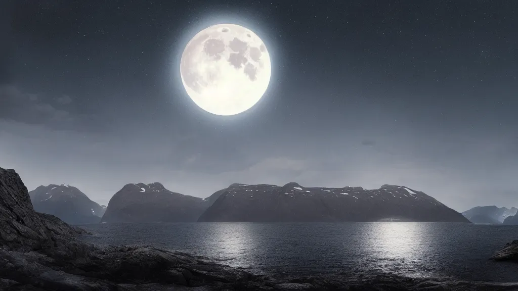 Prompt: a night view of the full moon above fjords, dark, very dark, blue, almost black, dark, dark, dark, dark, moon on the right, moon on the right, moon located on the right, the moon is on the right side, matte painting, concept art, 4 k