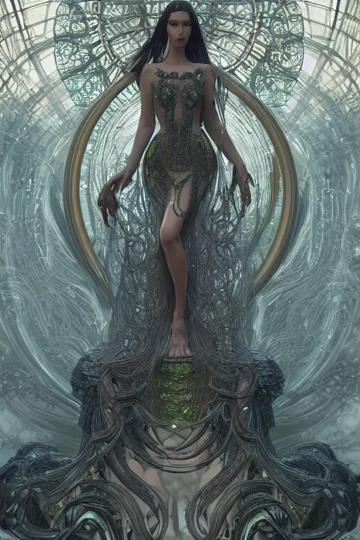 Image similar to a photo of a beautiful ancient alien medusa gorgon woman goddess bella hadid standing in iris van herpen dress jewelery and fractals in style of alphonse mucha art nuvo dmt trending on artstation made in unreal engine 4